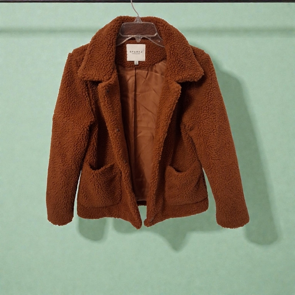 ANTHROPOLOGIE SPARKZ Amina Teddy Bear Sherpa Fleece Jacket Nutmeg Brown XS - EUC - Picture 4 of 13